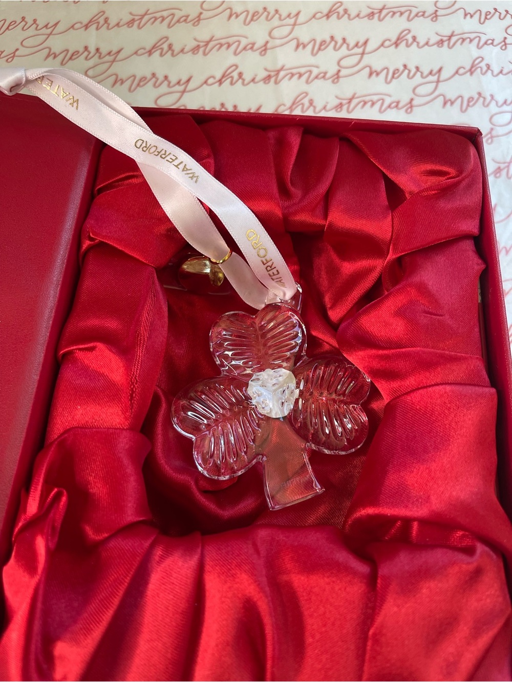 Waterford Clear Crystal Shamrock Ornament with Branded Ribbon